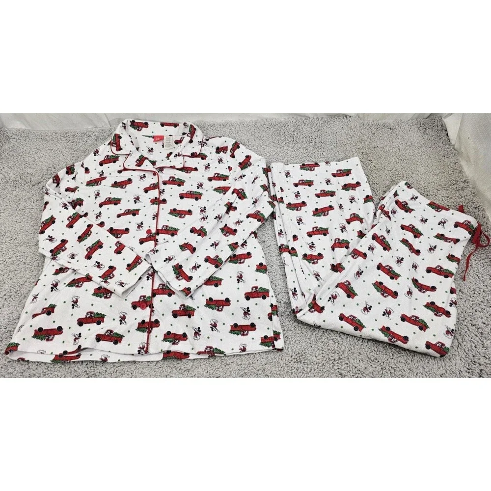 Disney Mickey Mouse Flannel Pajamas 2 Piece Red Truck Christmas Tree Womens XL